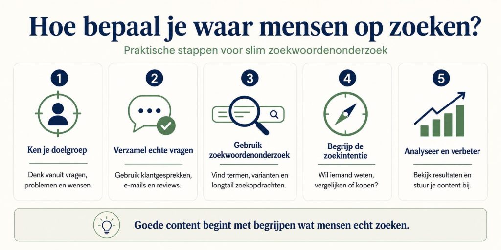 Visuele gids voor het bepalen waar mensen op zoeken: zoekwoord onderzoek, zoekintentie en SEO-strategie stappen.